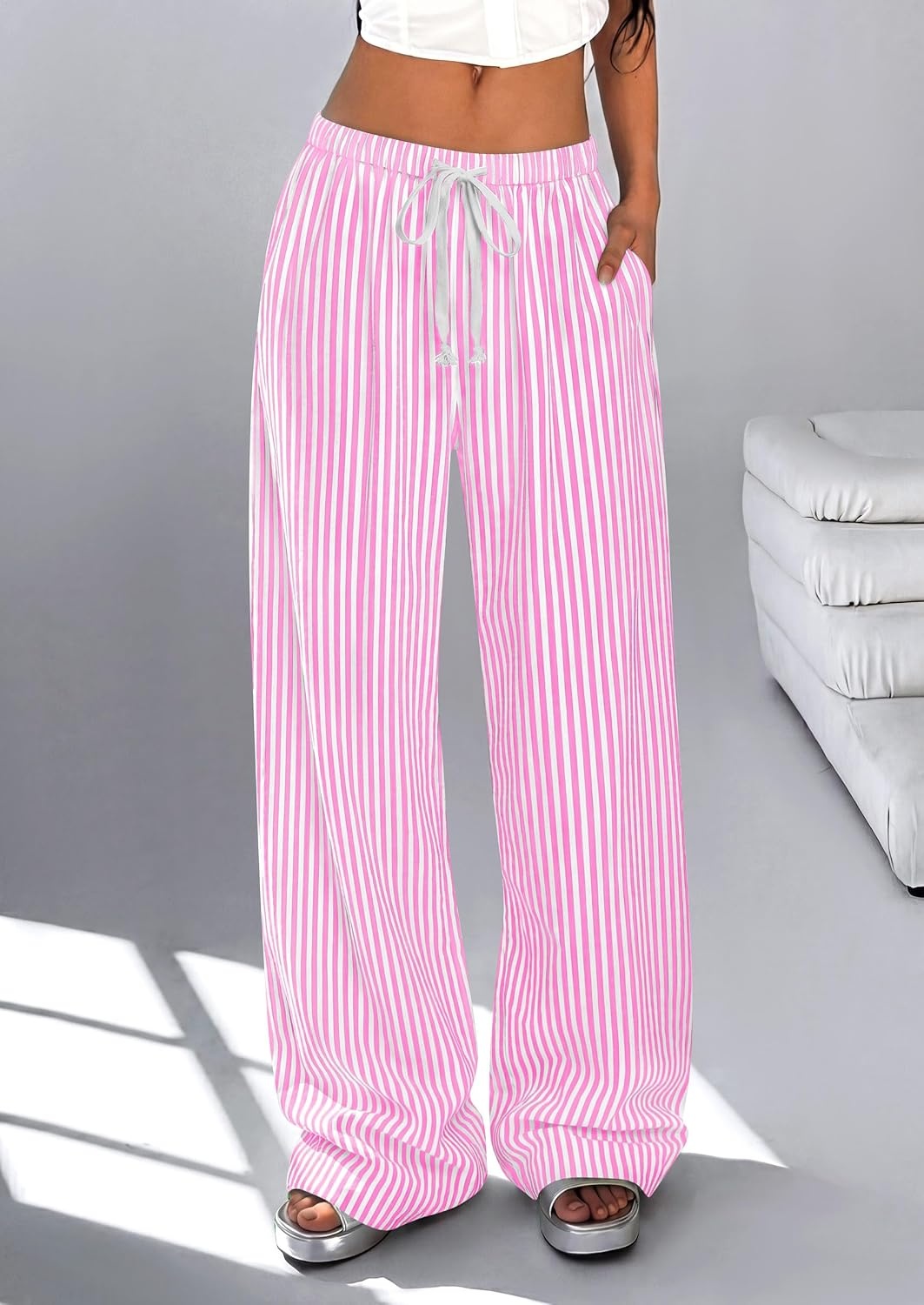 image:imagePRETTYGARDEN Striped Wide Leg Pants Women Loungewear with PocketStriped Pink White