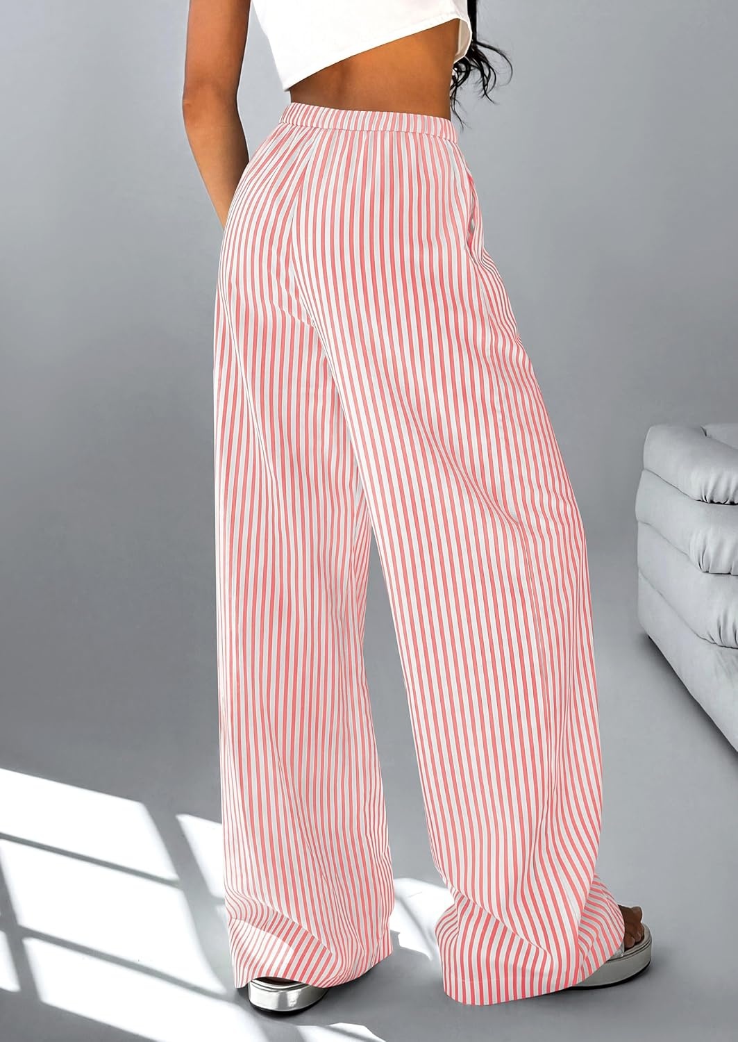 image:imagePRETTYGARDEN Striped Wide Leg Pants Women Loungewear with PocketStriped Red White