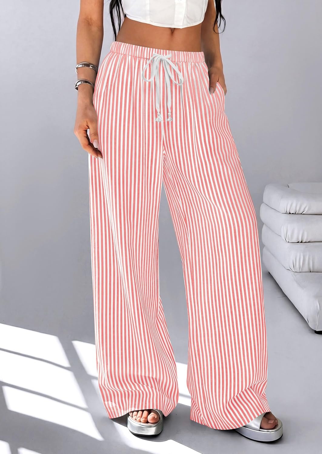image:imagePRETTYGARDEN Striped Wide Leg Pants Women Loungewear with PocketStriped Red White