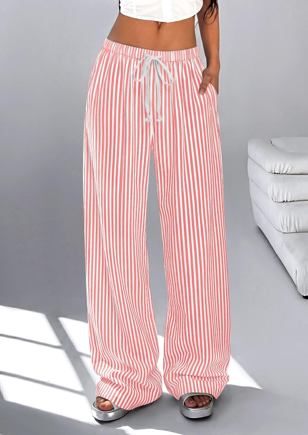 image:imagePRETTYGARDEN Striped Wide Leg Pants Women Loungewear with PocketStriped Red White