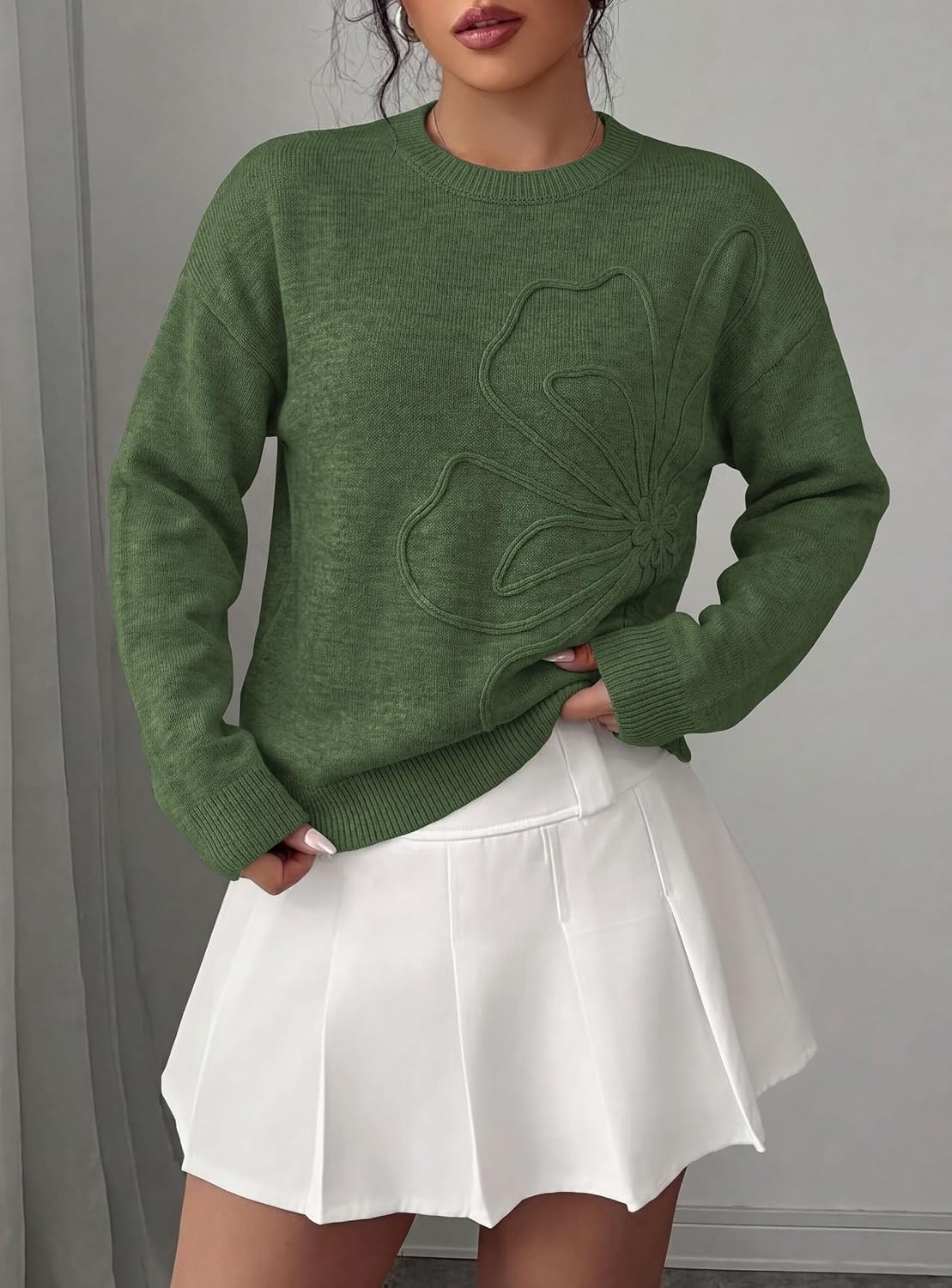 image:imagePRETTYGARDEN Women Fall Sweaters Trendy Floral Knit PulloverArmy Green