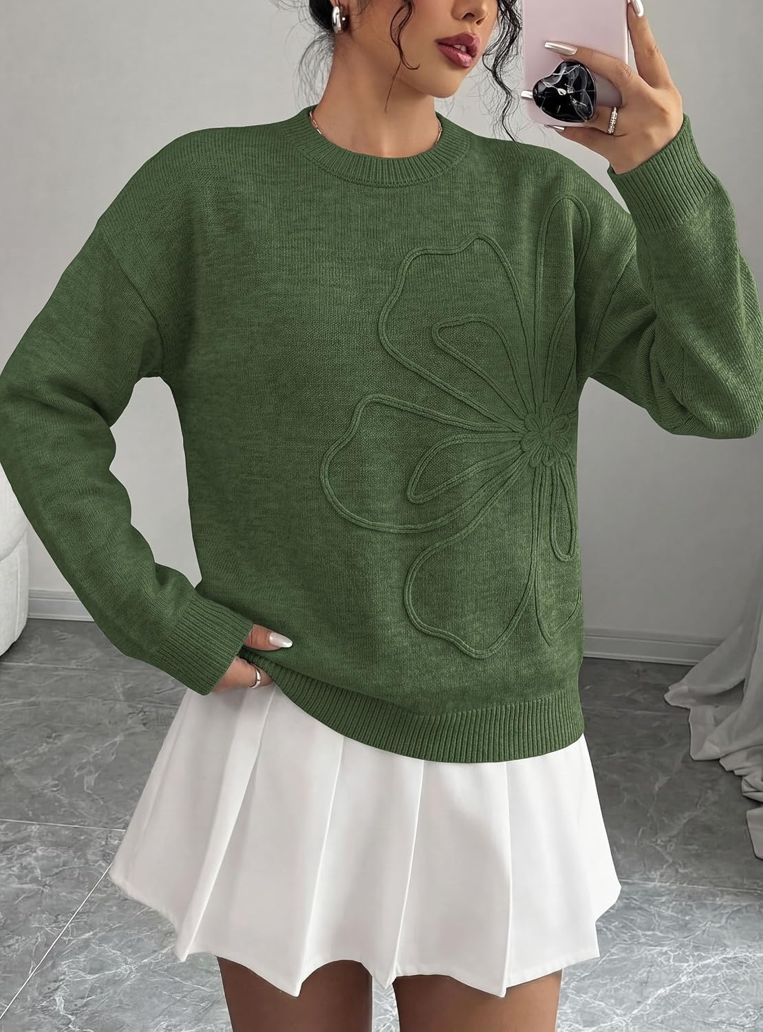 image:imagePRETTYGARDEN Women Fall Sweaters Trendy Floral Knit PulloverArmy Green