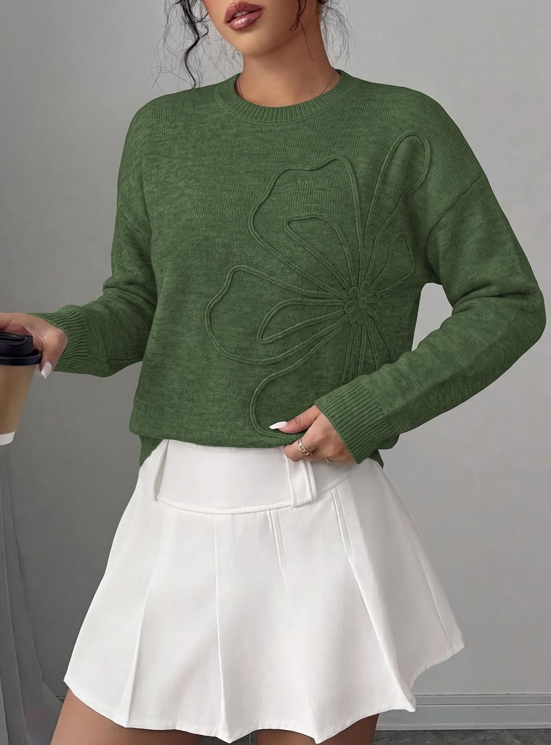 image:imagePRETTYGARDEN Women Fall Sweaters Trendy Floral Knit PulloverArmy Green