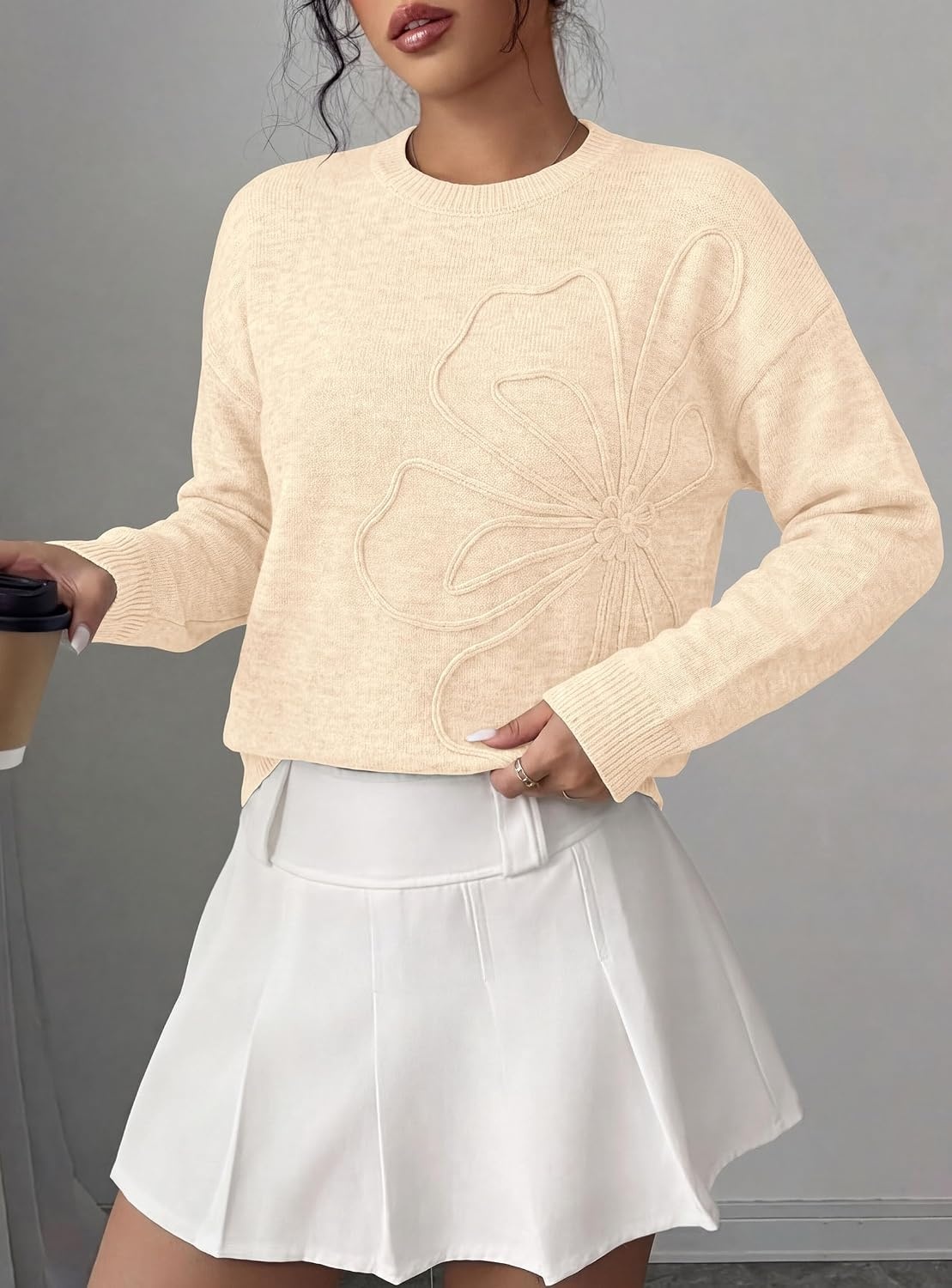 image:imagePRETTYGARDEN Women Fall Sweaters Trendy Floral Knit PulloverBeige