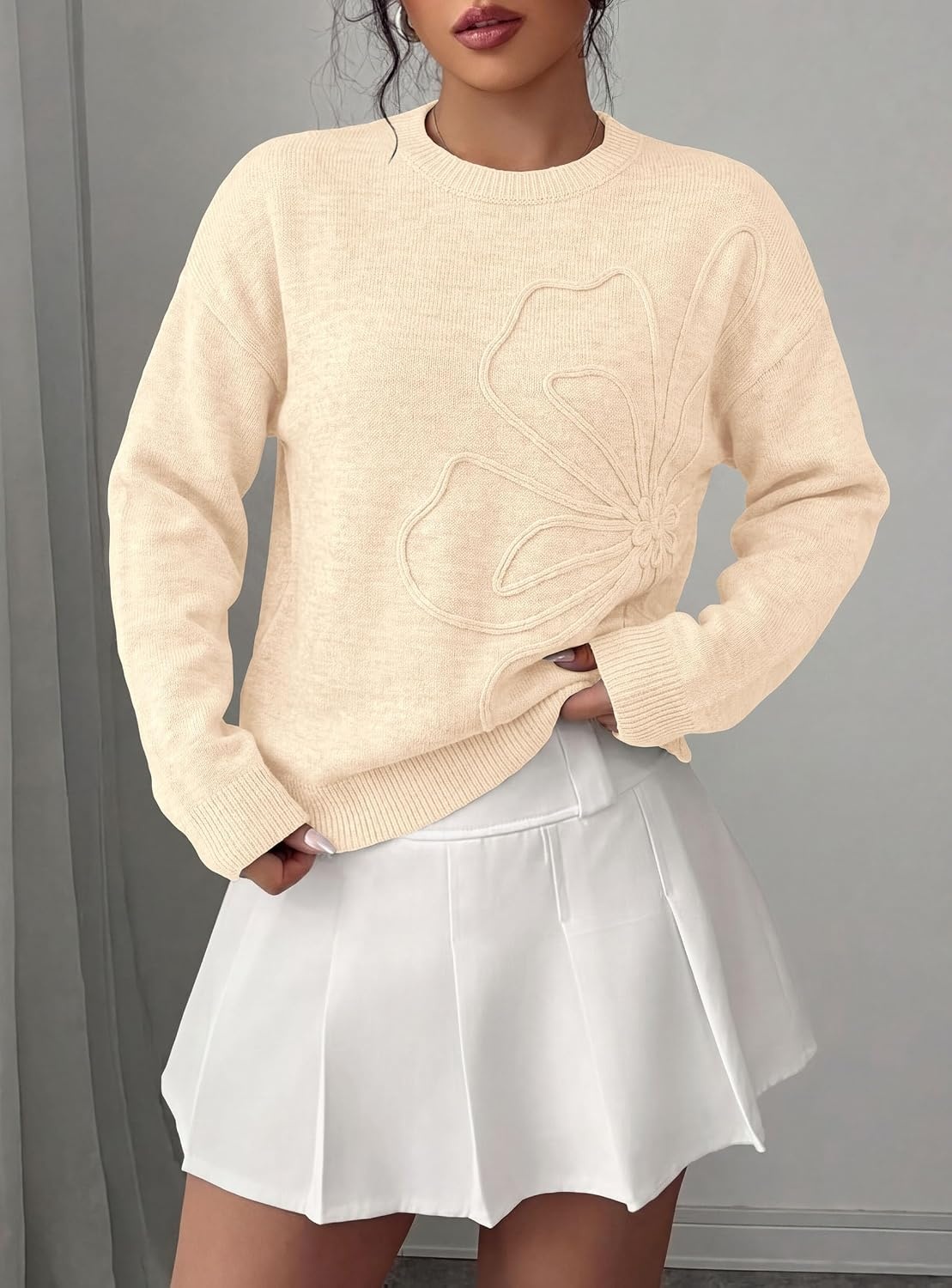 image:imagePRETTYGARDEN Women Fall Sweaters Trendy Floral Knit PulloverBeige