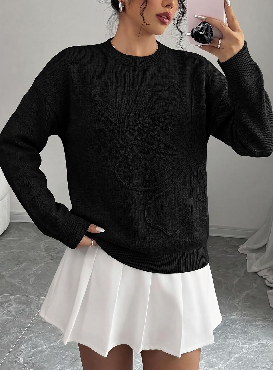 image:imagePRETTYGARDEN Women Fall Sweaters Trendy Floral Knit PulloverBlack