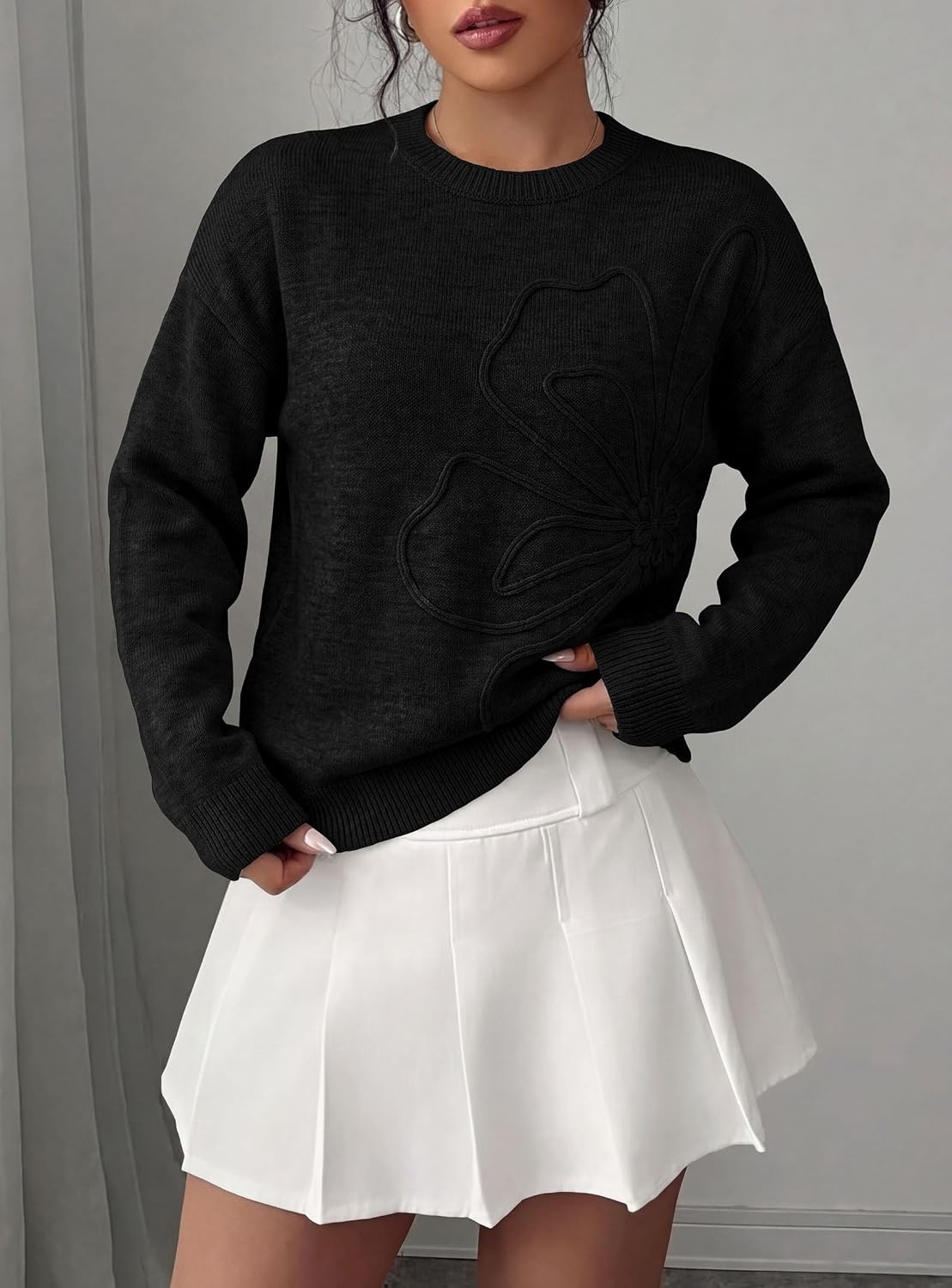 image:imagePRETTYGARDEN Women Fall Sweaters Trendy Floral Knit PulloverBlack