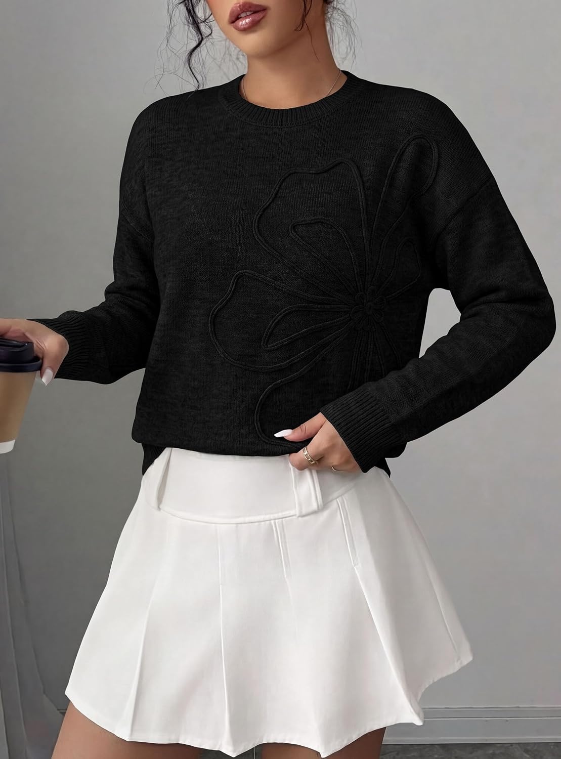 image:imagePRETTYGARDEN Women Fall Sweaters Trendy Floral Knit PulloverBlack