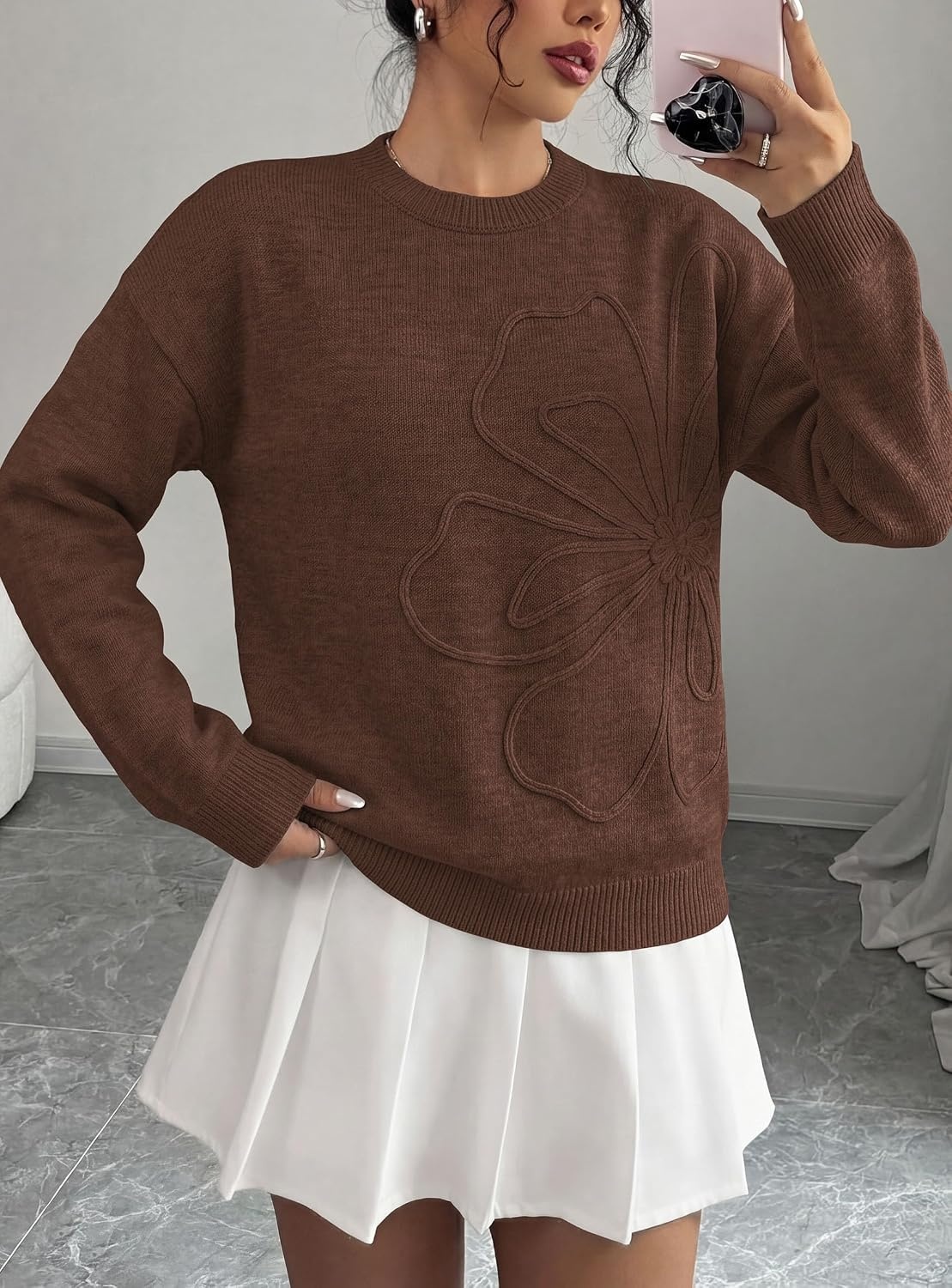 image:imagePRETTYGARDEN Women Fall Sweaters Trendy Floral Knit PulloverBrown