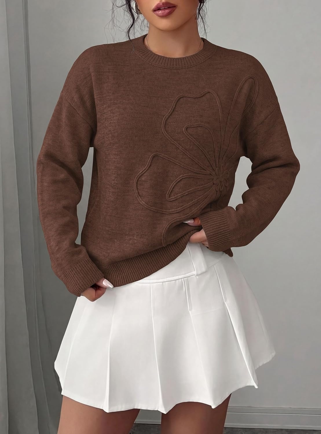 image:imagePRETTYGARDEN Women Fall Sweaters Trendy Floral Knit PulloverBrown