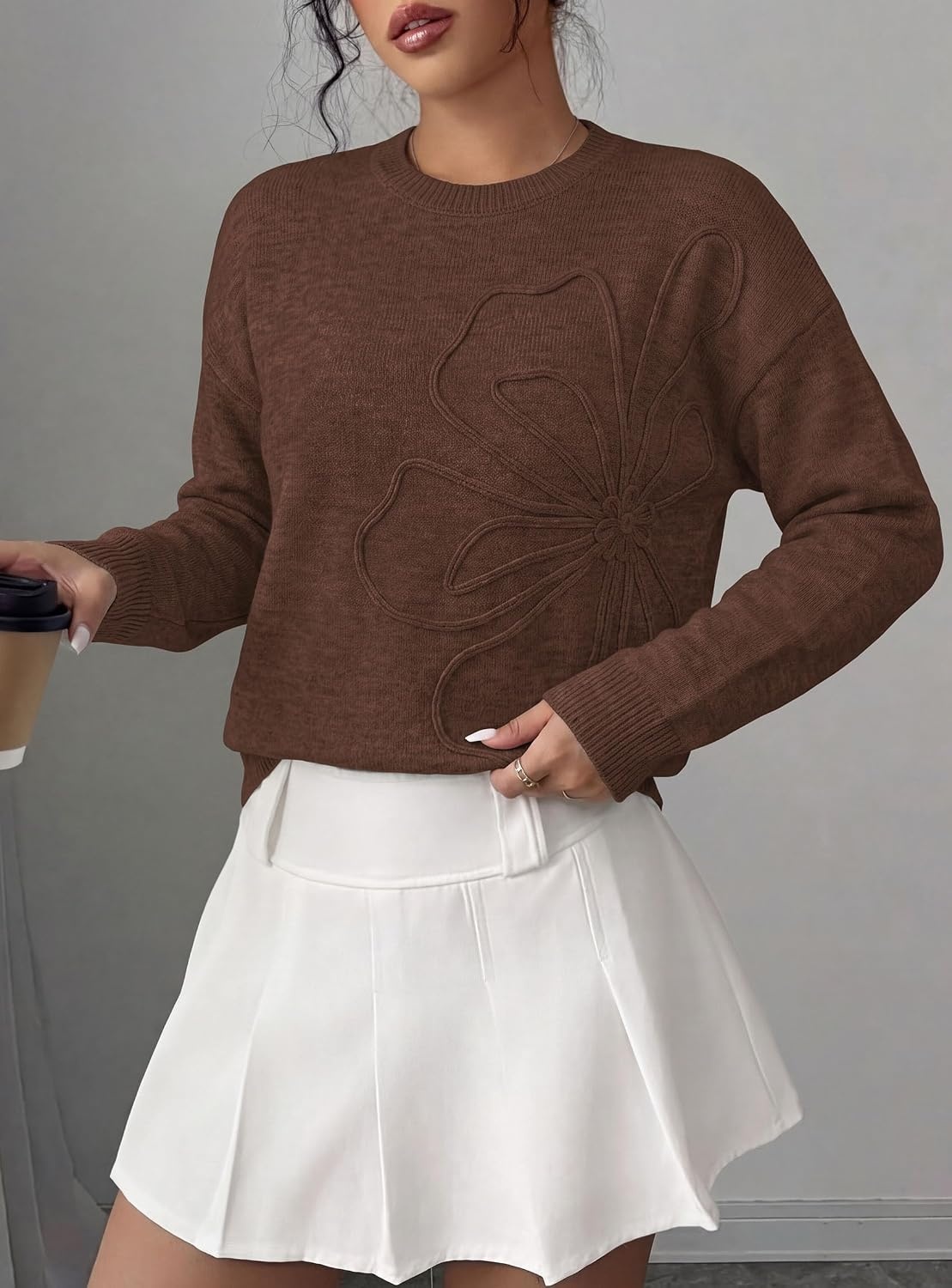 image:imagePRETTYGARDEN Women Fall Sweaters Trendy Floral Knit PulloverBrown