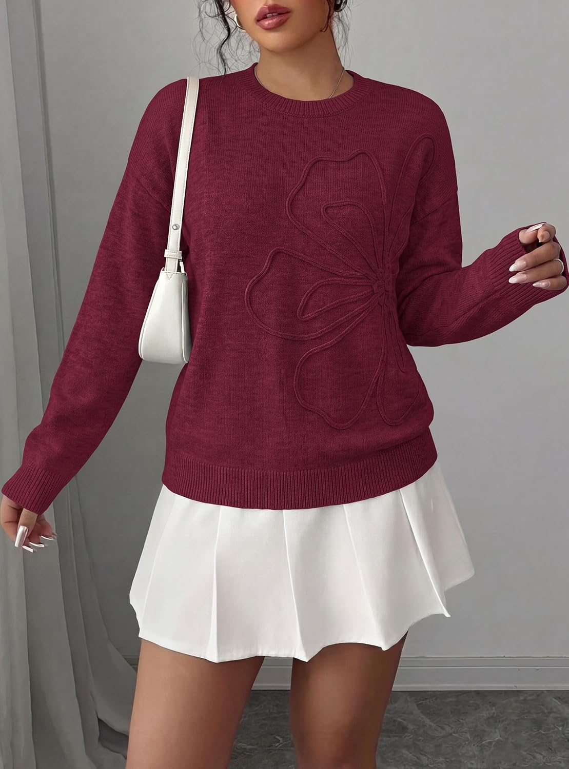 image:imagePRETTYGARDEN Women Fall Sweaters Trendy Floral Knit PulloverBurgundy