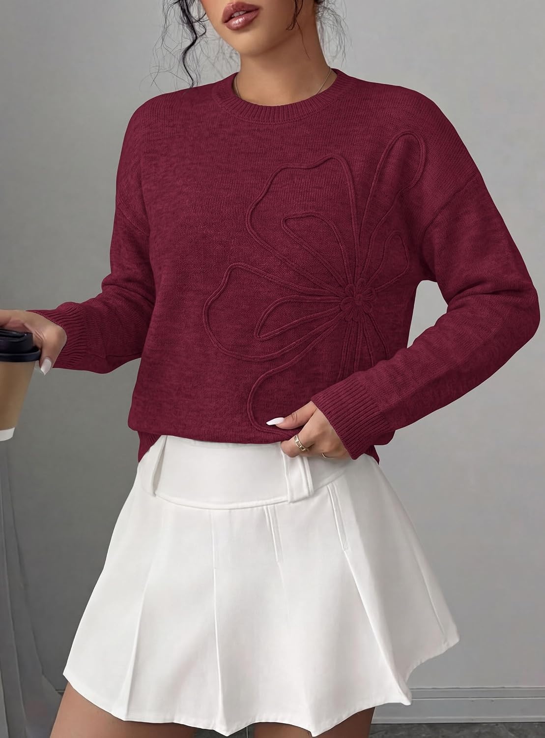 image:imagePRETTYGARDEN Women Fall Sweaters Trendy Floral Knit PulloverBurgundy