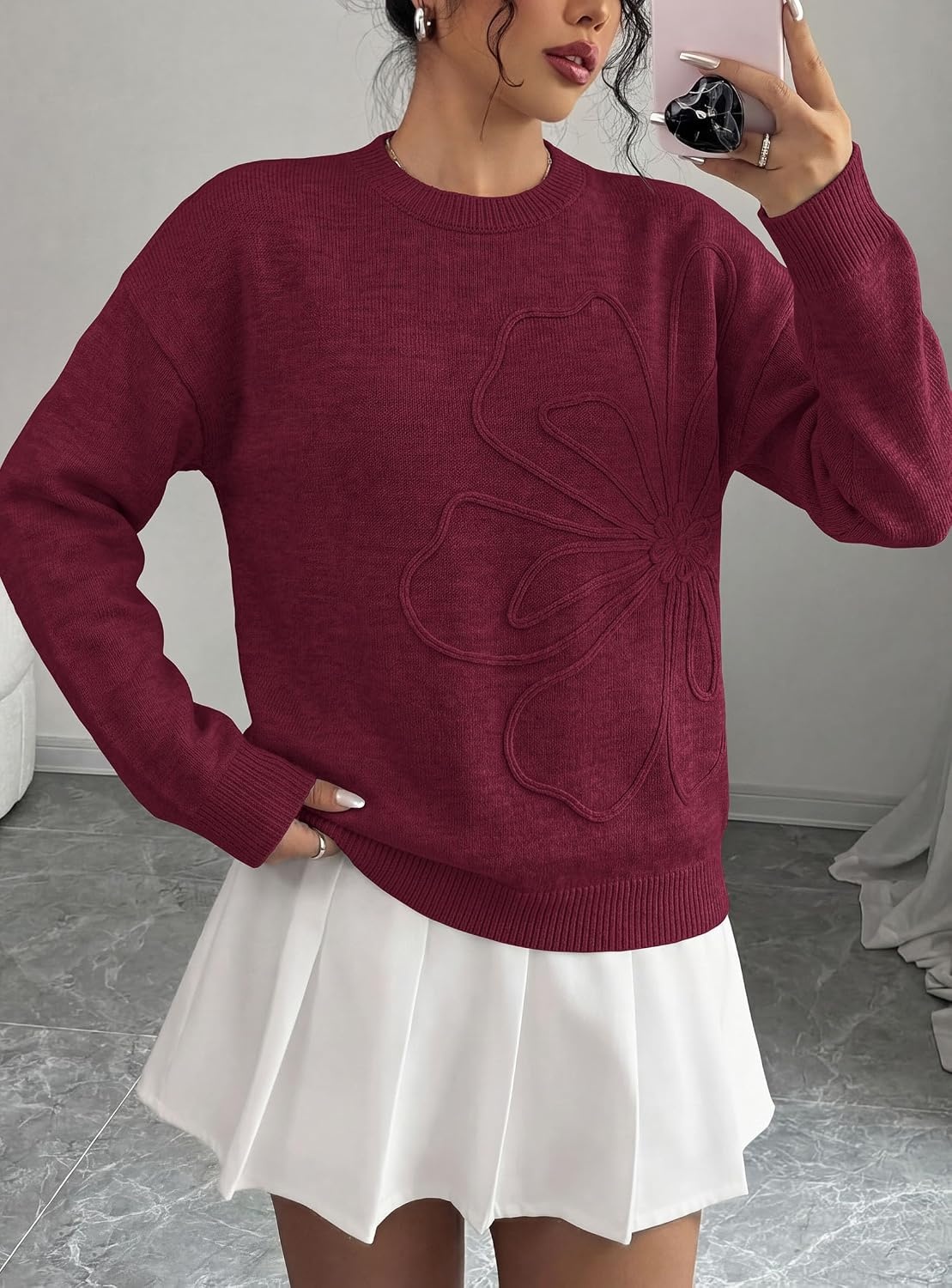 image:imagePRETTYGARDEN Women Fall Sweaters Trendy Floral Knit PulloverBurgundy