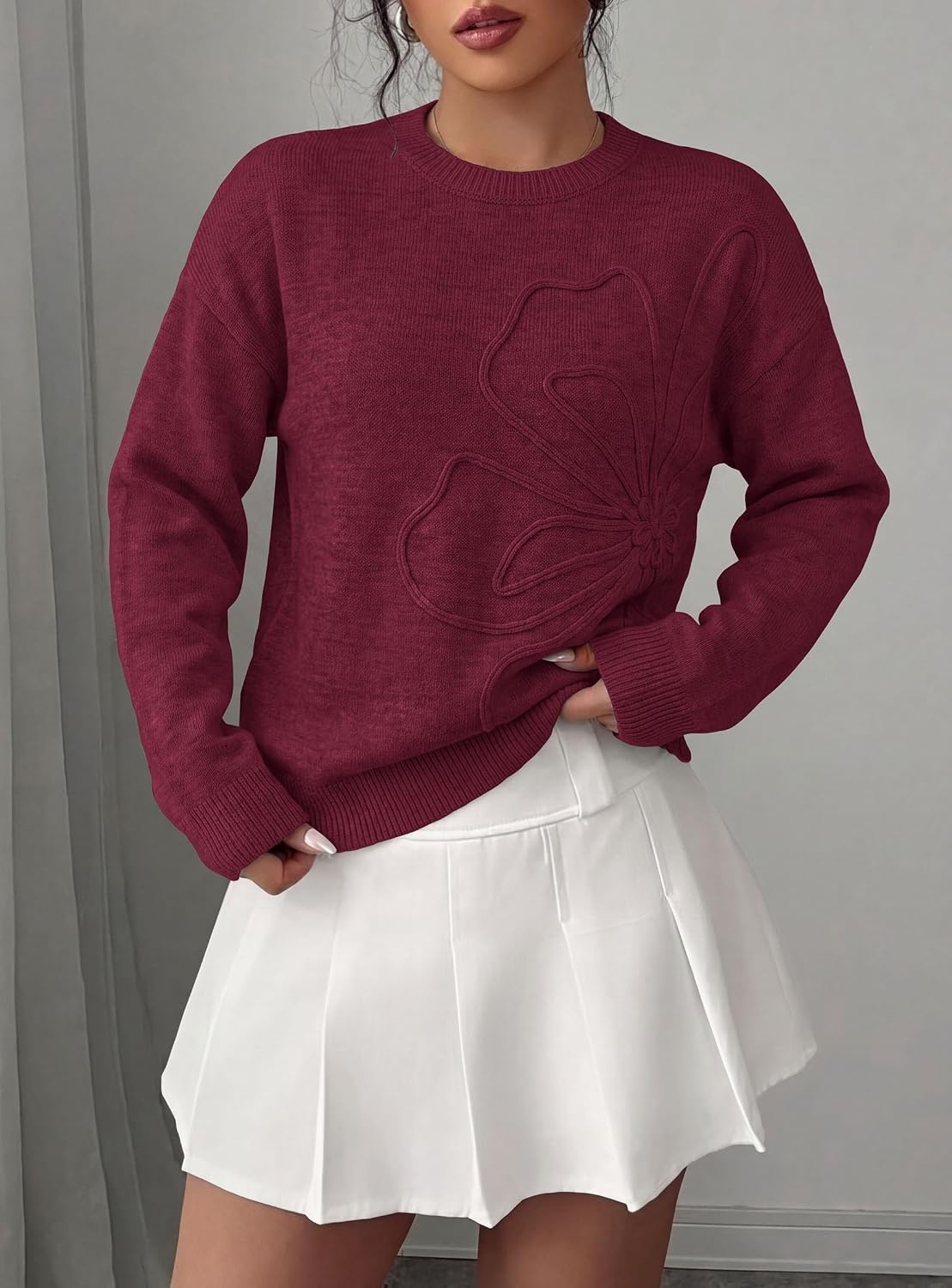 image:imagePRETTYGARDEN Women Fall Sweaters Trendy Floral Knit PulloverBurgundy