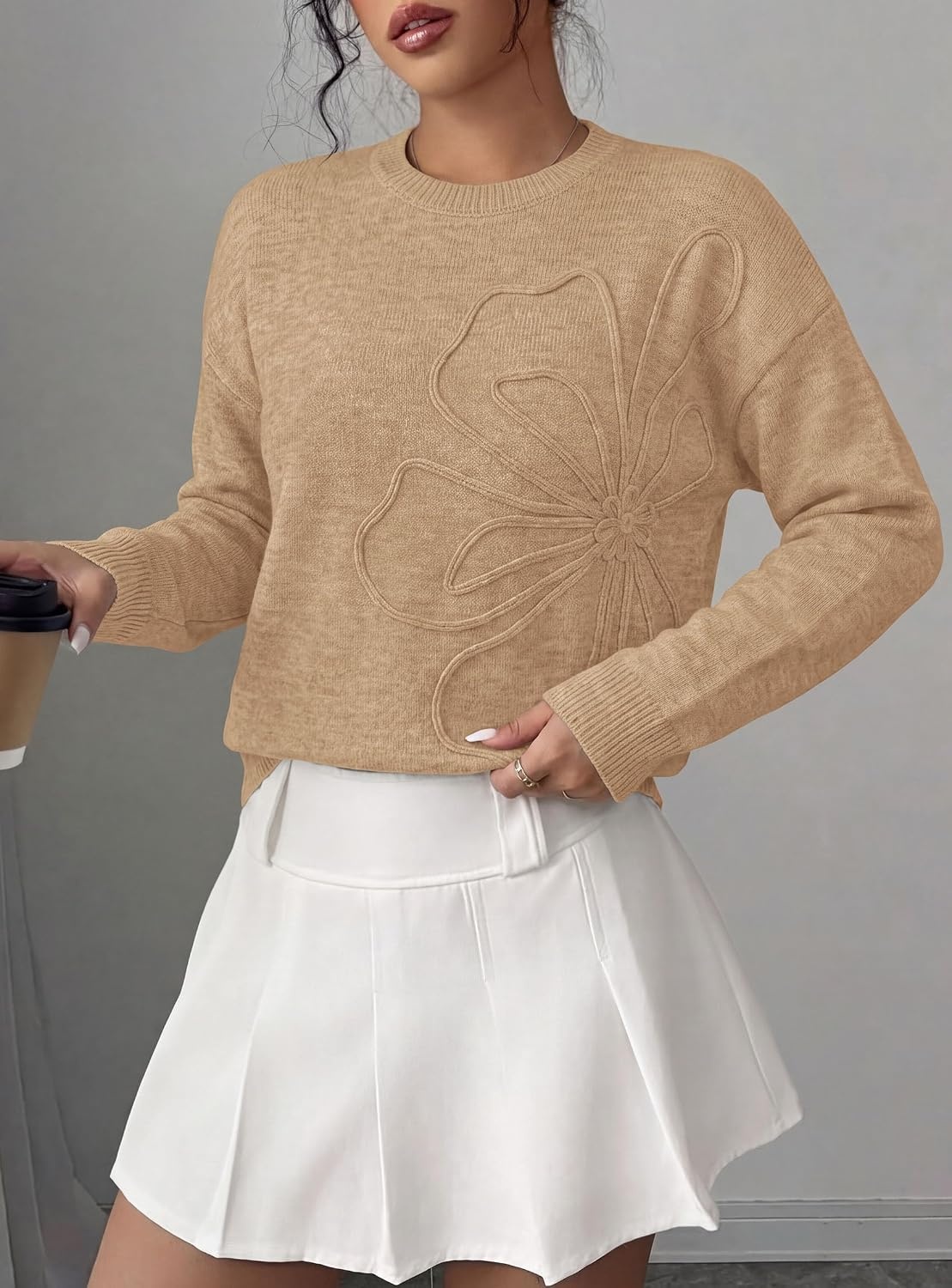 image:imagePRETTYGARDEN Women Fall Sweaters Trendy Floral Knit PulloverKhaki
