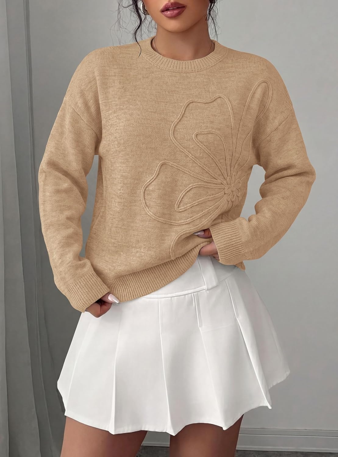 image:imagePRETTYGARDEN Women Fall Sweaters Trendy Floral Knit PulloverKhaki