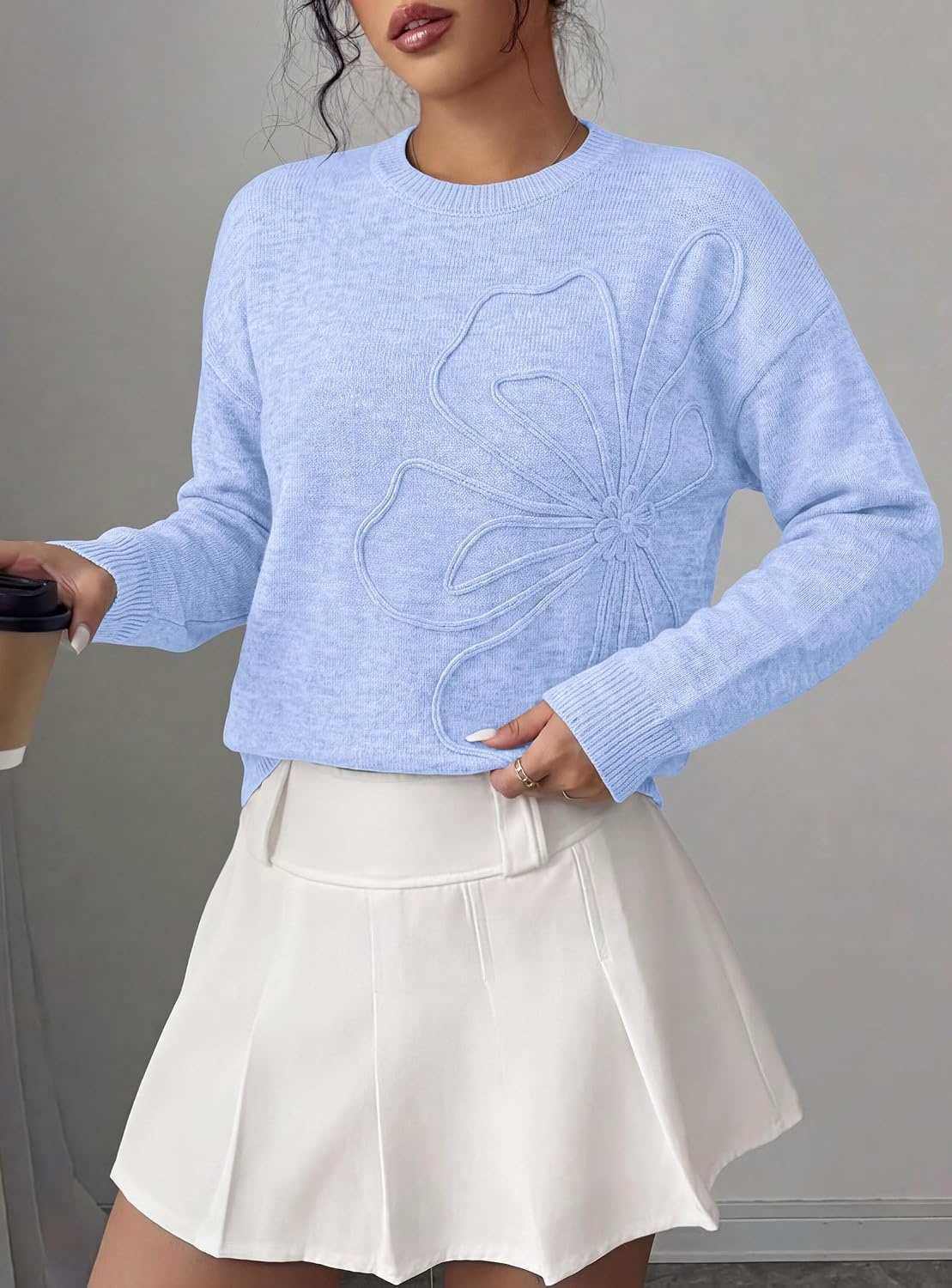 image:imagePRETTYGARDEN Women Fall Sweaters Trendy Floral Knit PulloverLight Blue