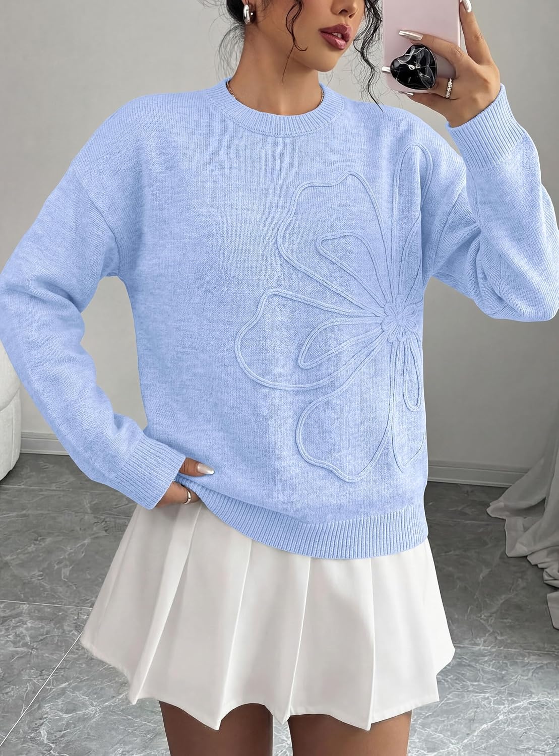 image:imagePRETTYGARDEN Women Fall Sweaters Trendy Floral Knit PulloverLight Blue