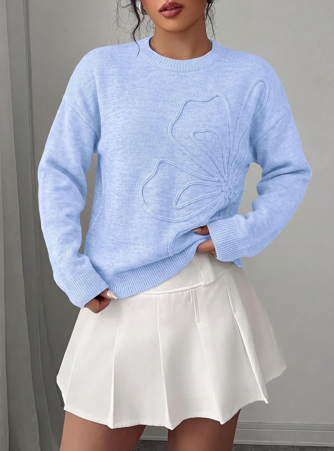 image:imagePRETTYGARDEN Women Fall Sweaters Trendy Floral Knit PulloverLight Blue