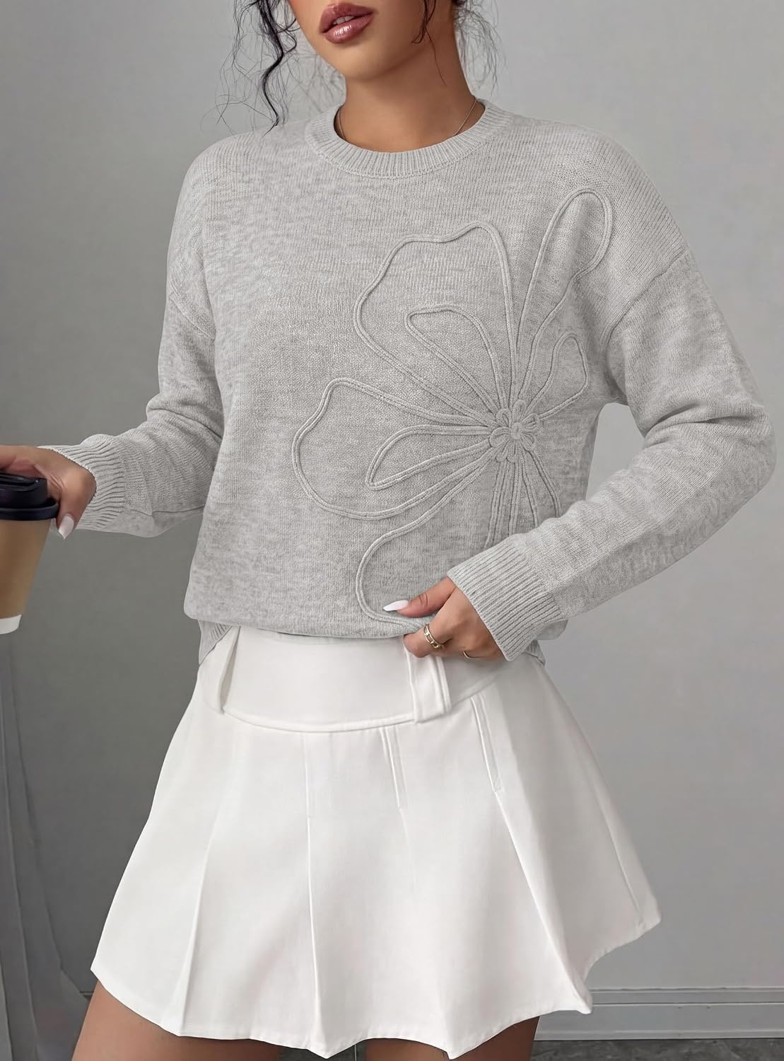 image:imagePRETTYGARDEN Women Fall Sweaters Trendy Floral Knit PulloverLight Grey