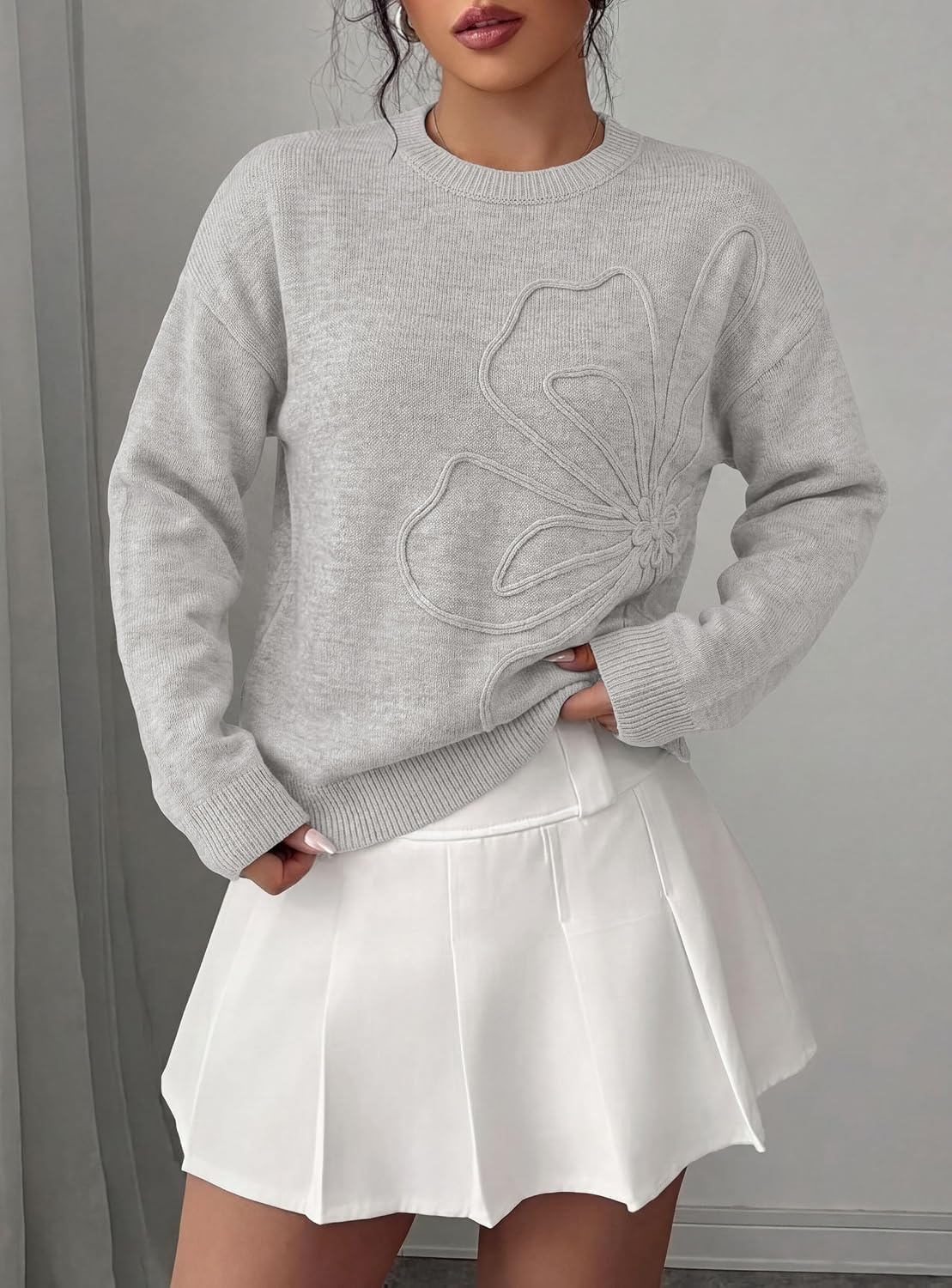 image:imagePRETTYGARDEN Women Fall Sweaters Trendy Floral Knit PulloverLight Grey