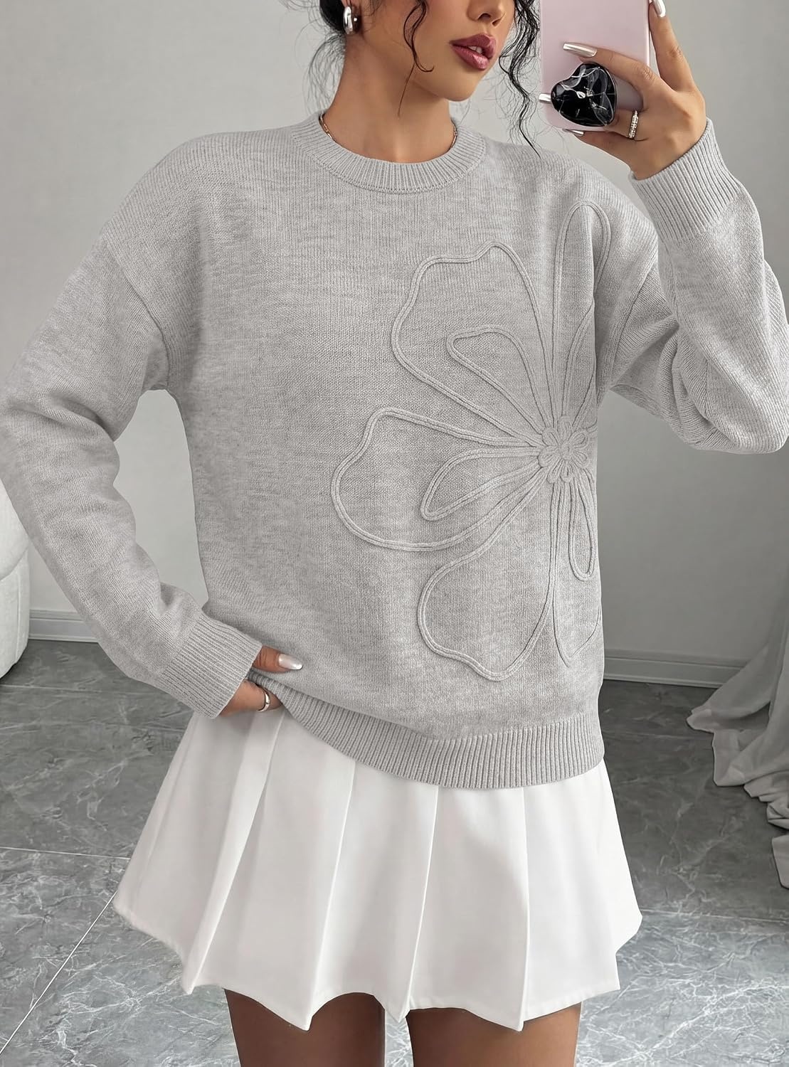image:imagePRETTYGARDEN Women Fall Sweaters Trendy Floral Knit PulloverLight Grey