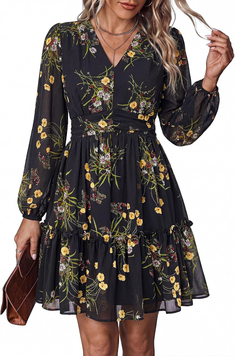 image:imagePRETTYGARDEN Women Floral Long Sleeve Mini DressBlack Yellow Floral