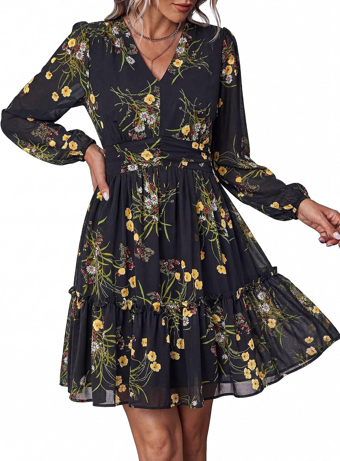 image:imagePRETTYGARDEN Women Floral Long Sleeve Mini DressBlack Yellow Floral