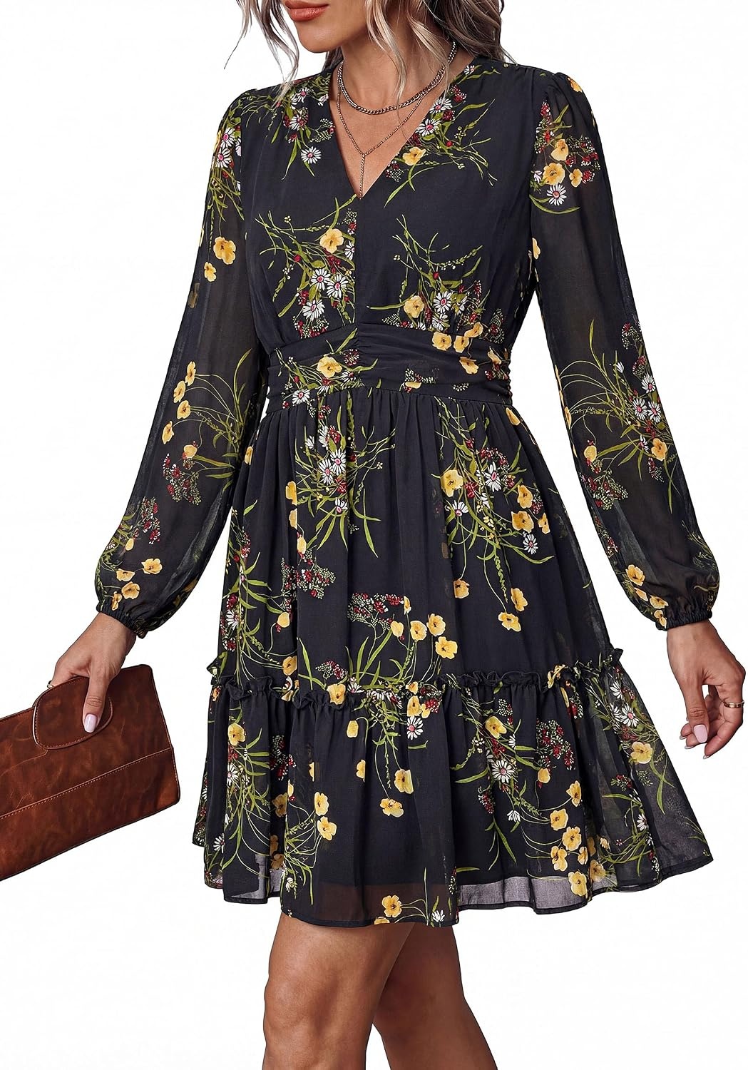 image:imagePRETTYGARDEN Women Floral Long Sleeve Mini DressBlack Yellow Floral