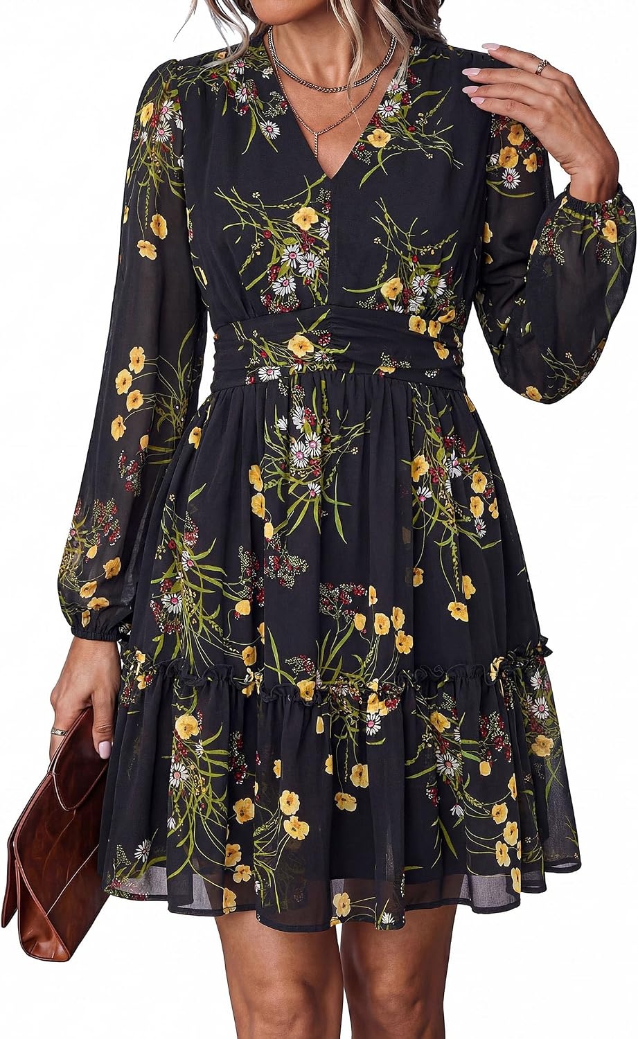 image:imagePRETTYGARDEN Women Floral Long Sleeve Mini DressBlack Yellow Floral