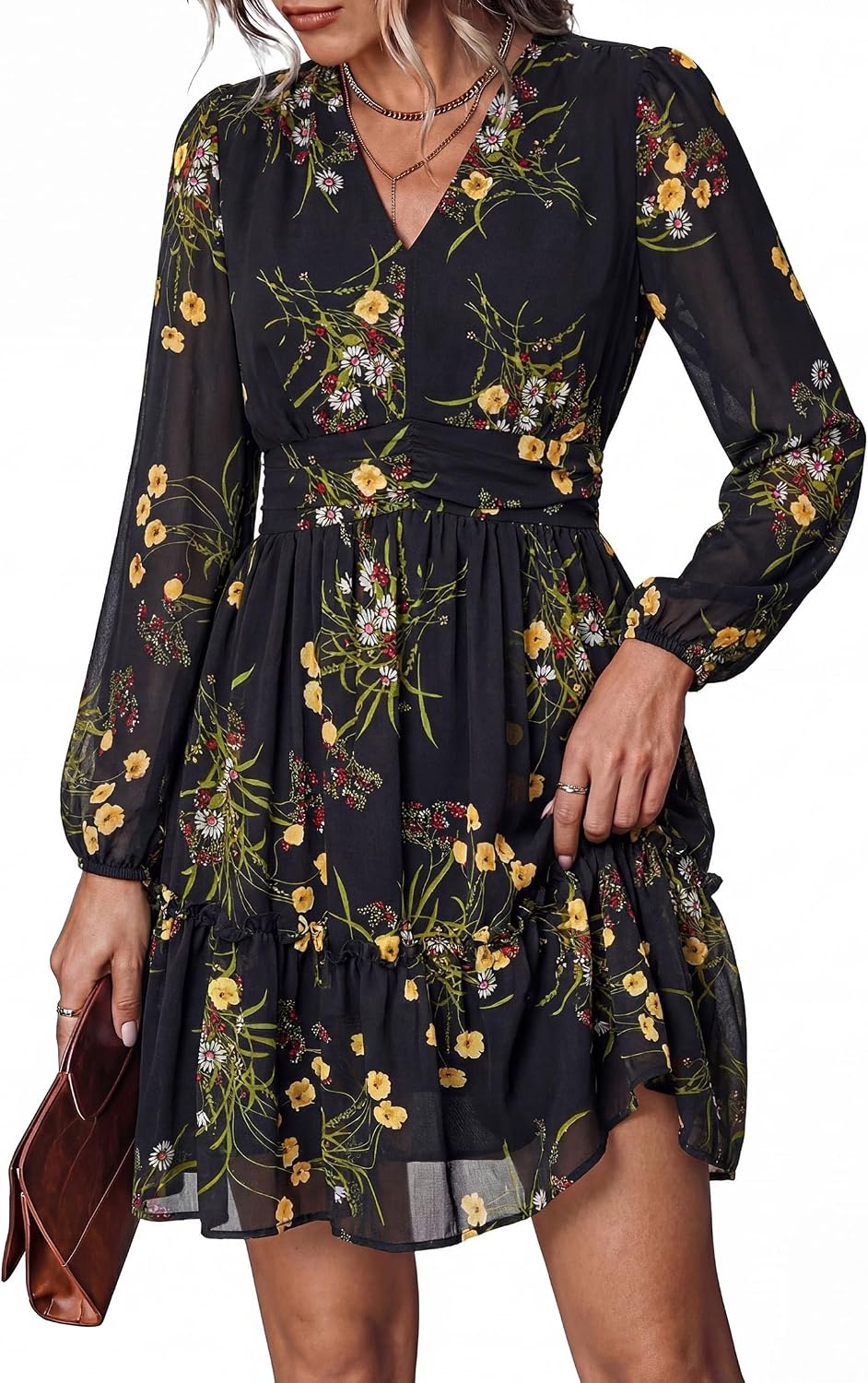 image:imagePRETTYGARDEN Women Floral Long Sleeve Mini DressBlack Yellow Floral