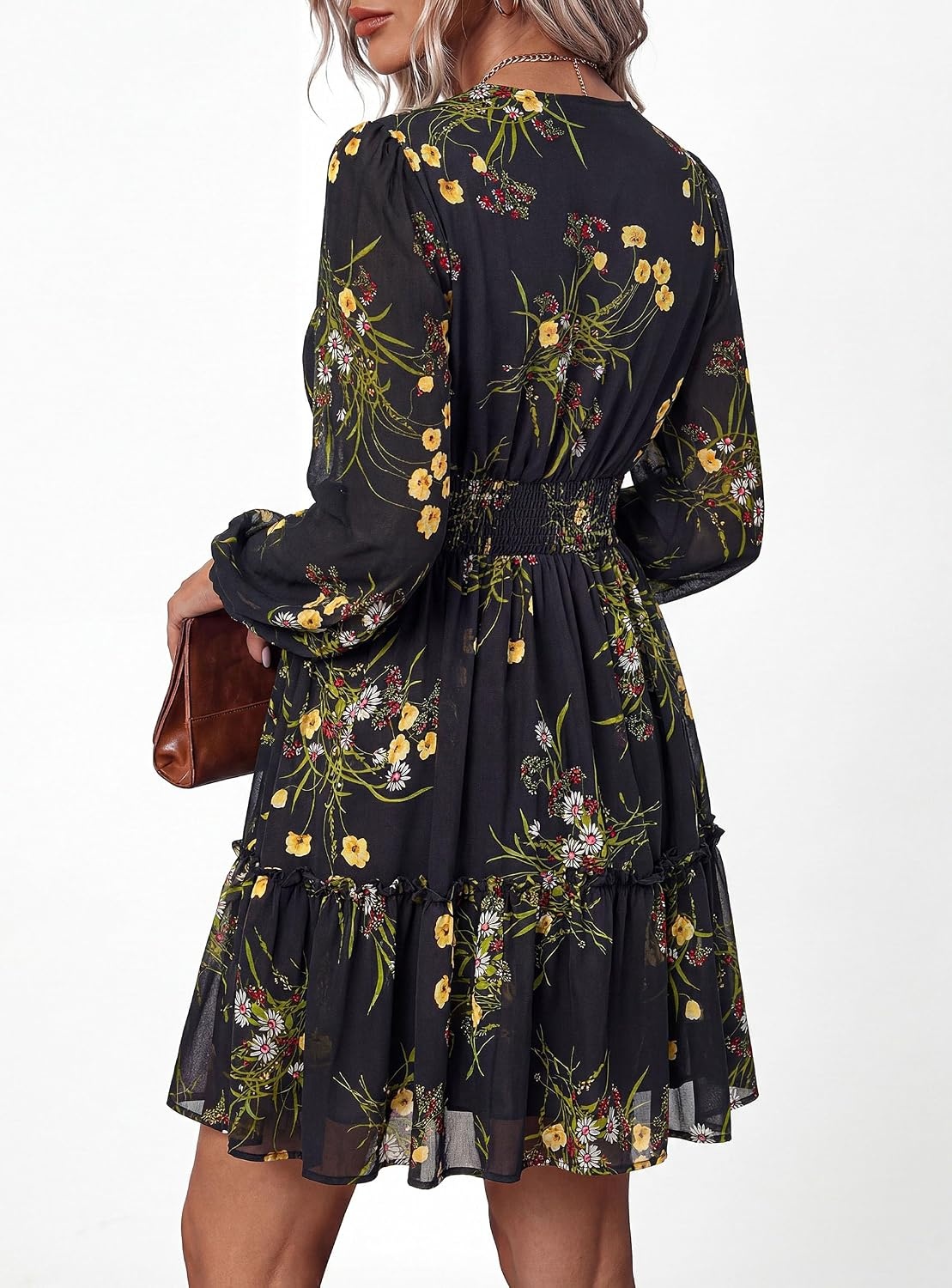 image:imagePRETTYGARDEN Women Floral Long Sleeve Mini DressBlack Yellow Floral