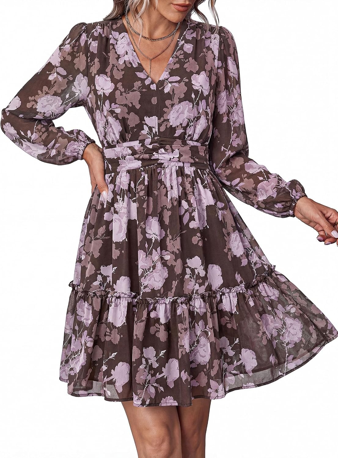 image:imagePRETTYGARDEN Women Floral Long Sleeve Mini DressBrown Purple Floral