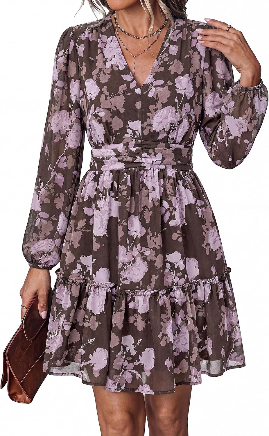 image:imagePRETTYGARDEN Women Floral Long Sleeve Mini DressBrown Purple Floral