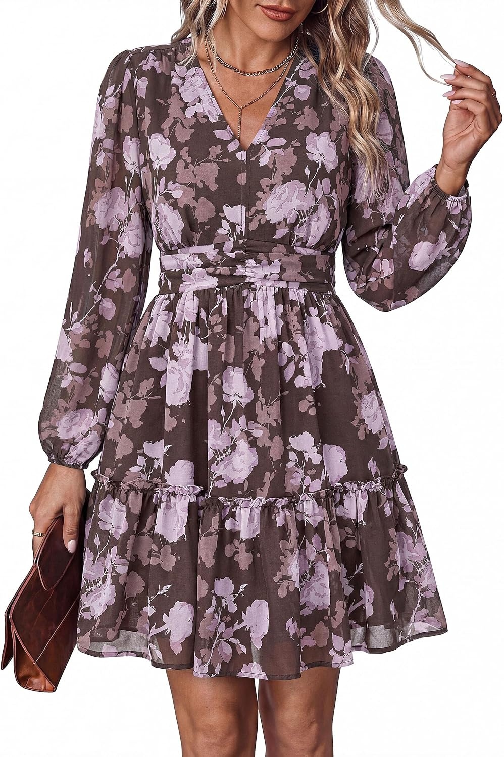 image:imagePRETTYGARDEN Women Floral Long Sleeve Mini DressBrown Purple Floral