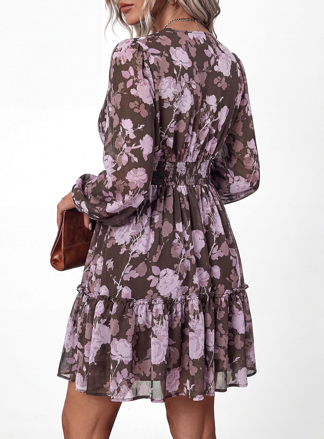 image:imagePRETTYGARDEN Women Floral Long Sleeve Mini DressBrown Purple Floral