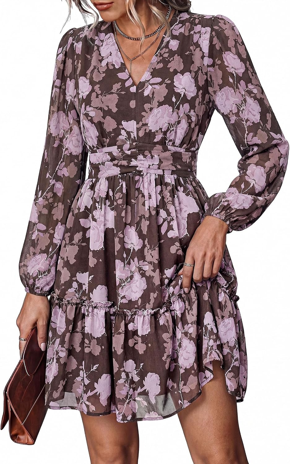 image:imagePRETTYGARDEN Women Floral Long Sleeve Mini DressBrown Purple Floral