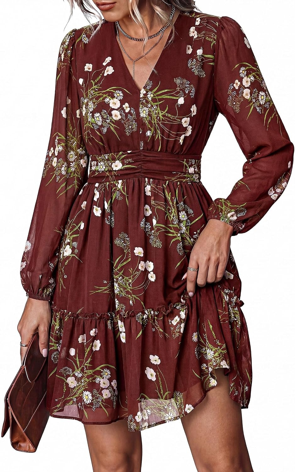 image:imagePRETTYGARDEN Women Floral Long Sleeve Mini DressDark Red White Floral