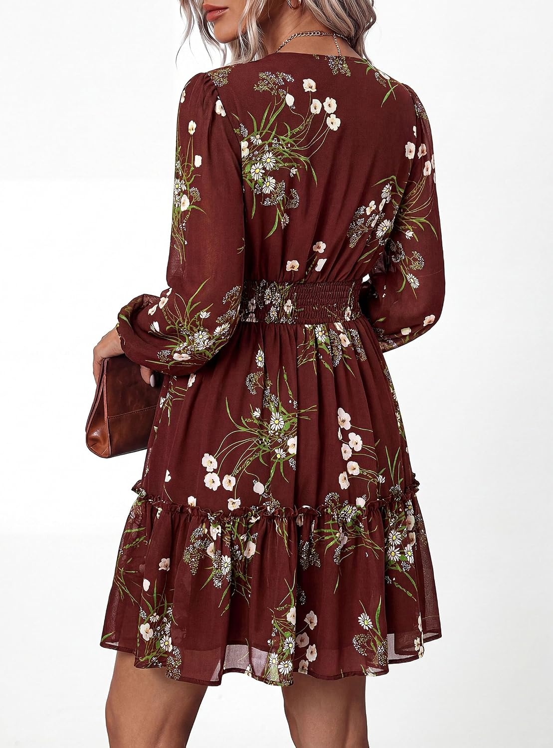 image:imagePRETTYGARDEN Women Floral Long Sleeve Mini DressDark Red White Floral