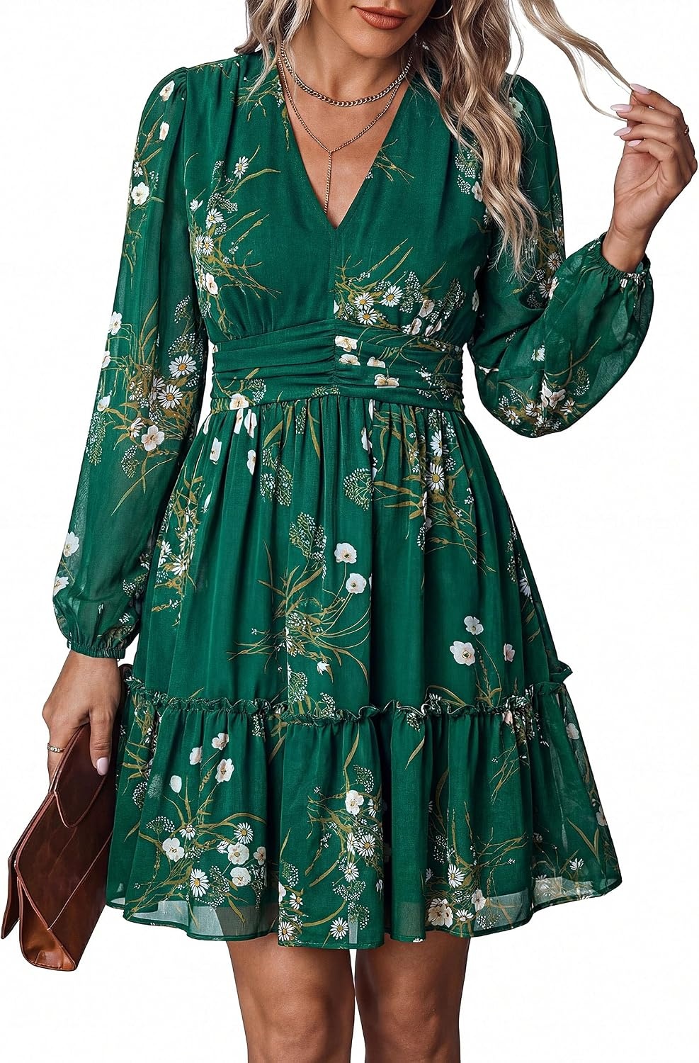 image:imagePRETTYGARDEN Women Floral Long Sleeve Mini DressGreen White Floral