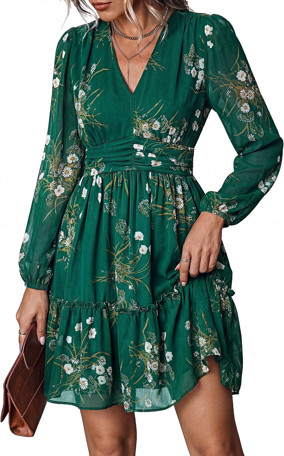 image:imagePRETTYGARDEN Women Floral Long Sleeve Mini DressGreen White Floral