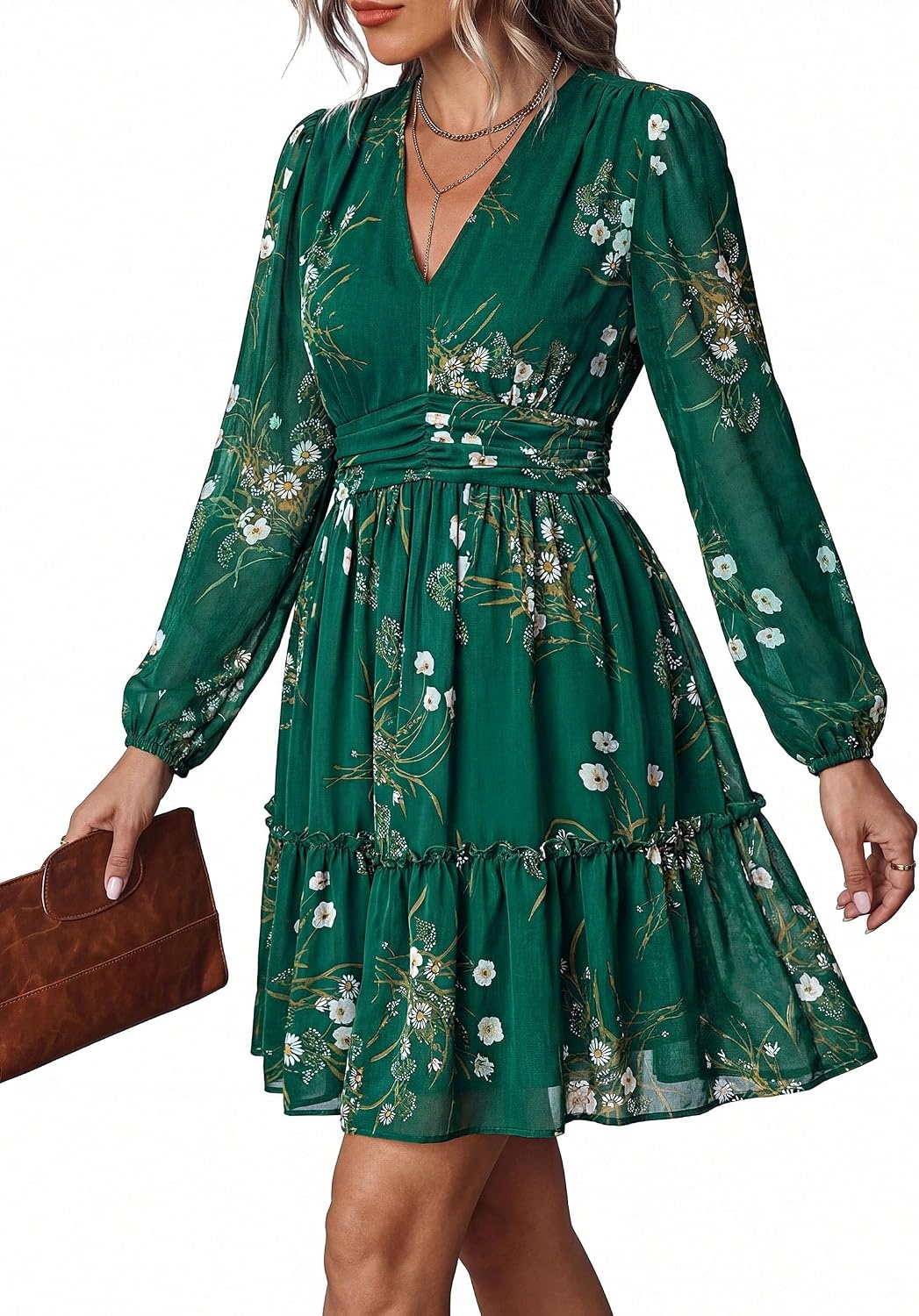 image:imagePRETTYGARDEN Women Floral Long Sleeve Mini DressGreen White Floral