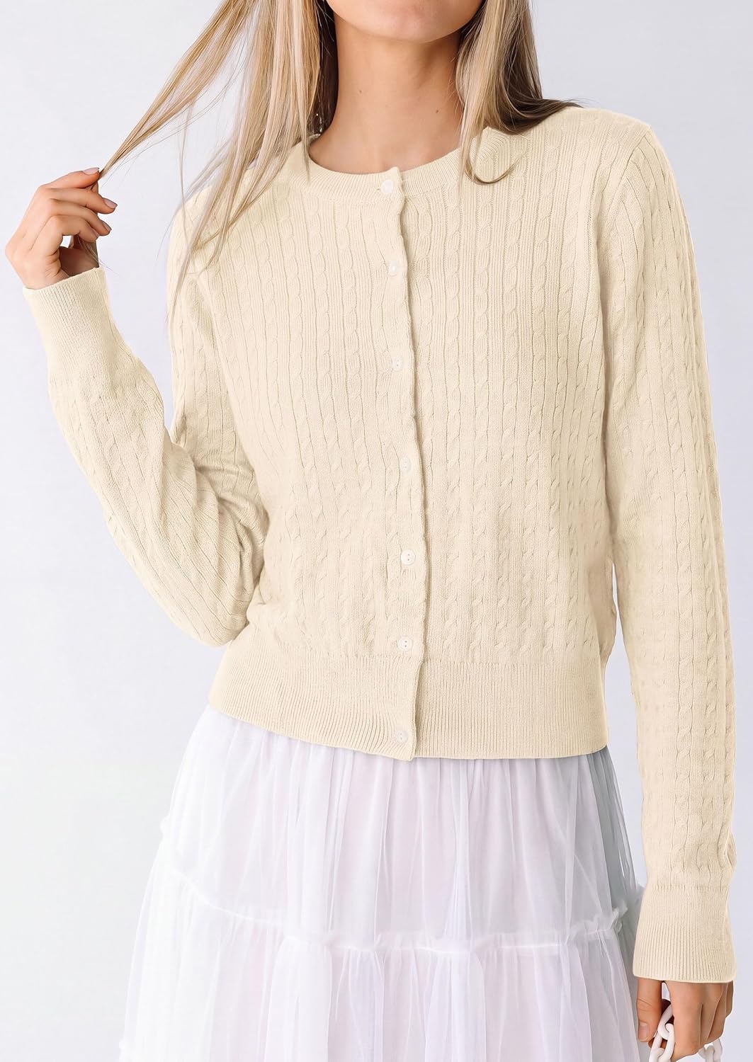 image:imagePRETTYGARDEN Women Lightweight Button Up Cardigan SweatersBeige