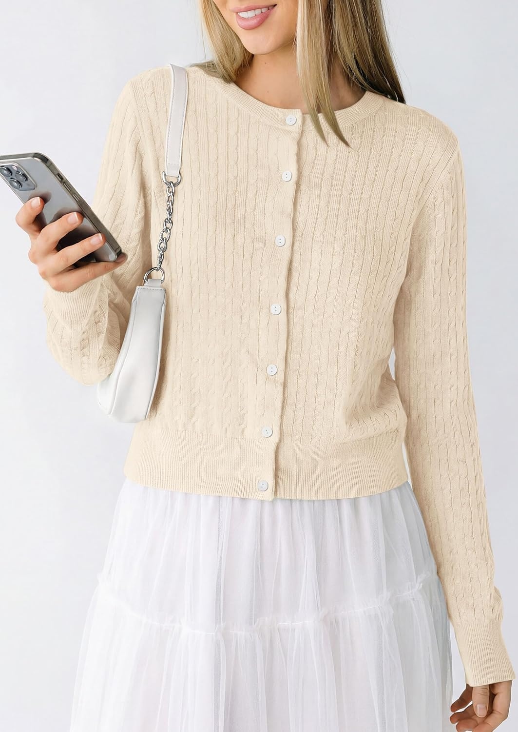 image:imagePRETTYGARDEN Women Lightweight Button Up Cardigan SweatersBeige