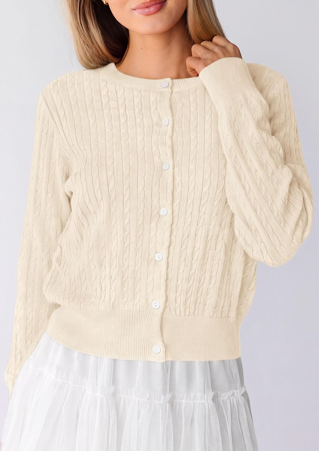 image:imagePRETTYGARDEN Women Lightweight Button Up Cardigan SweatersBeige