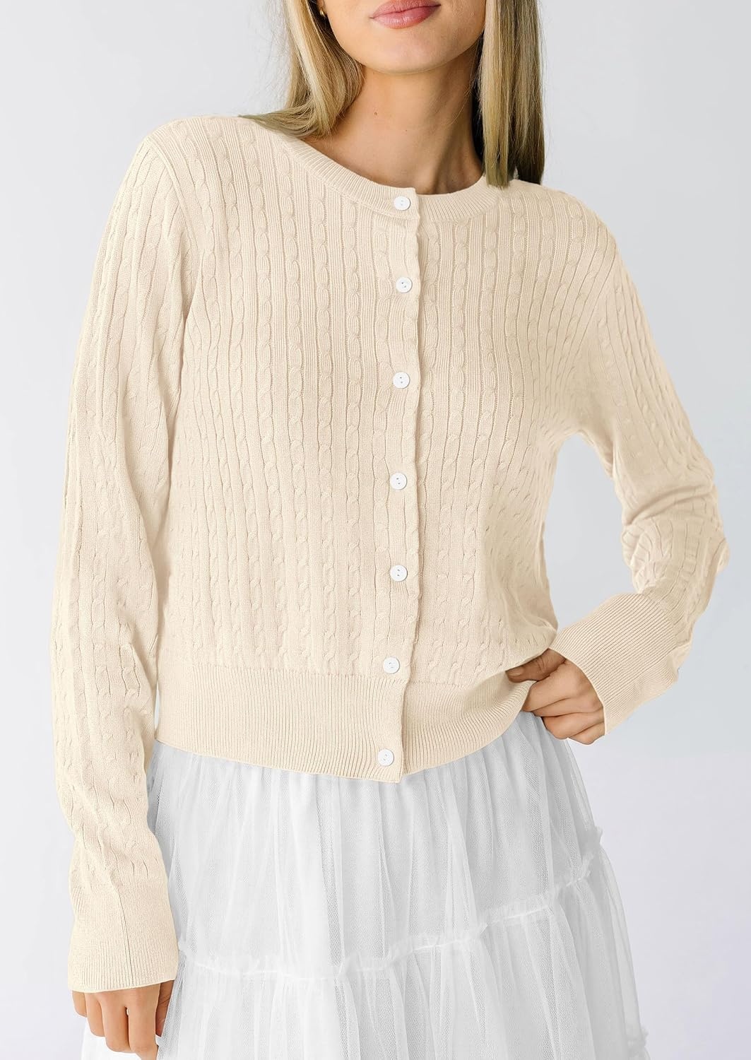 image:imagePRETTYGARDEN Women Lightweight Button Up Cardigan SweatersBeige