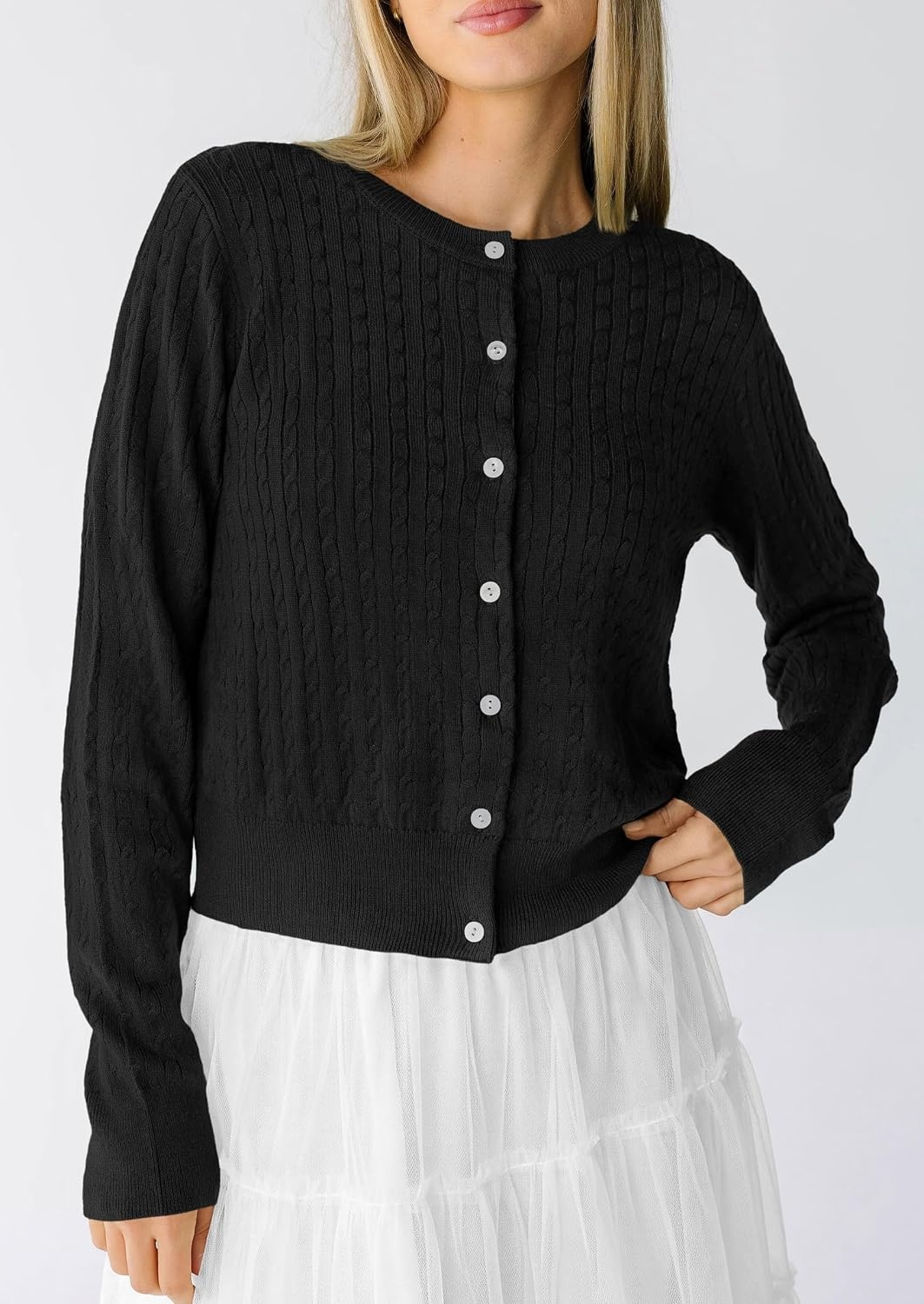 image:imagePRETTYGARDEN Women Lightweight Button Up Cardigan SweatersBlack