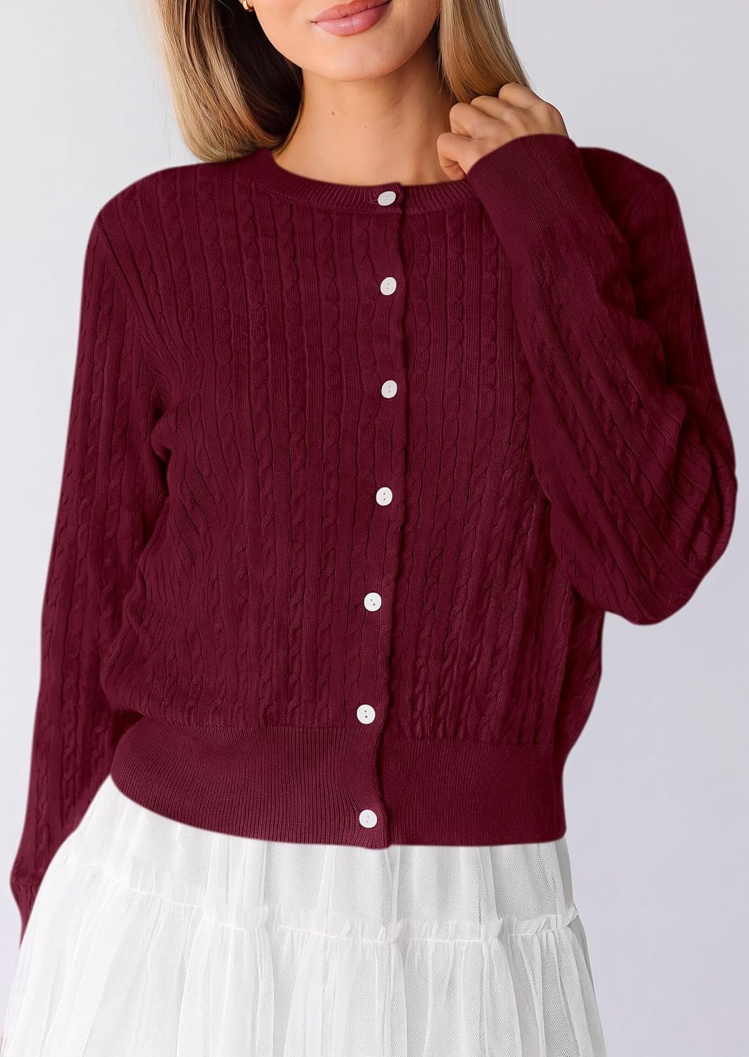 image:imagePRETTYGARDEN Women Lightweight Button Up Cardigan SweatersBurgundy