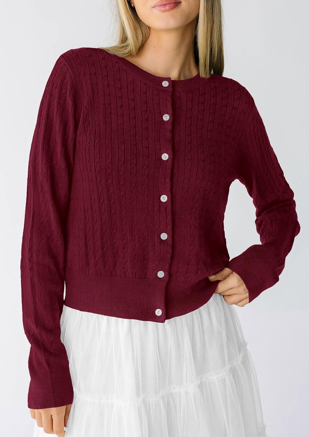 image:imagePRETTYGARDEN Women Lightweight Button Up Cardigan SweatersBurgundy